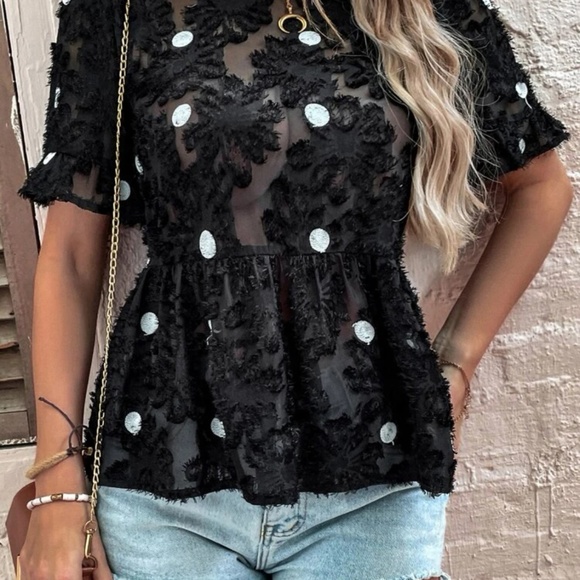 ELLY FUZZI BLACK AND WHITE PEPLUM BLOUSE - Picture 2 of 3